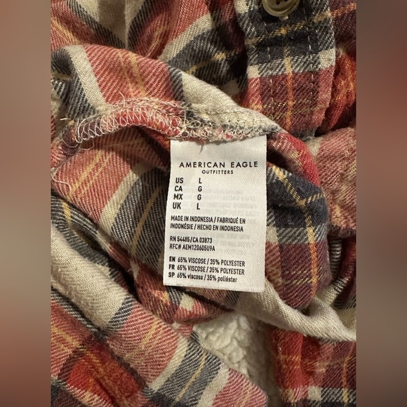 American Eagle Women Boyfriend Fit Long Sleeve Orange/Cream Plaid Flannel Large - Picture 9 of 11